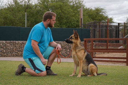 Trainer in a teal shirt kneeling to eye level with an attentive German Shepherd on a loose orange leash, calm connection moment on a Cave Creek grass training field