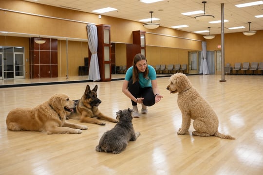 Certified trainer kneeling to actively coach a calm small playgroup of four adult dogs on the training floor at Partners Dogs