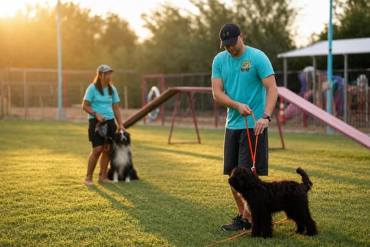 Two Partners Dogs trainers in teal shirts working adult dogs on leash on an outdoor grass training field with agility equipment, warm golden morning desert light