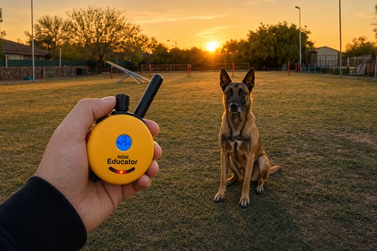 A trainer holds the yellow Mini Educator remote transmitter in the foreground while an adult Belgian Malinois sits off-leash and attentive at a distance in an outdoor desert training yard at sunrise