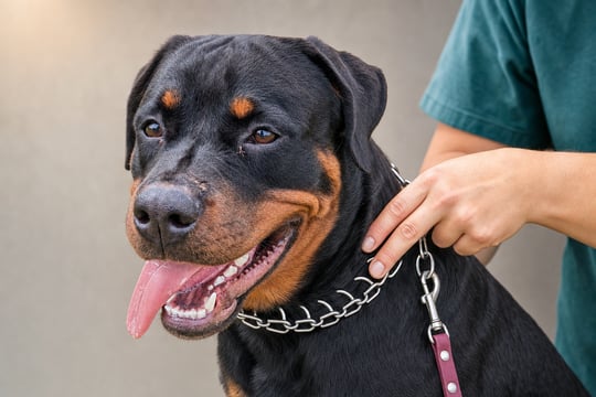 Close-up of a trainer's hand checking the fit of a chrome prong collar high on an adult Rottweiler's neck against a neutral studio background, demonstrating correct spacing between the blunt inward-curving prongs and the skin.