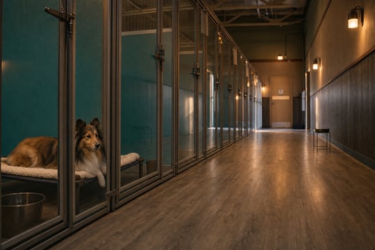 A Sheltie rests calmly on a raised cot with fleece bedding inside a glass-front boarding suite, warm low evening lighting creating a spa-calm mood.