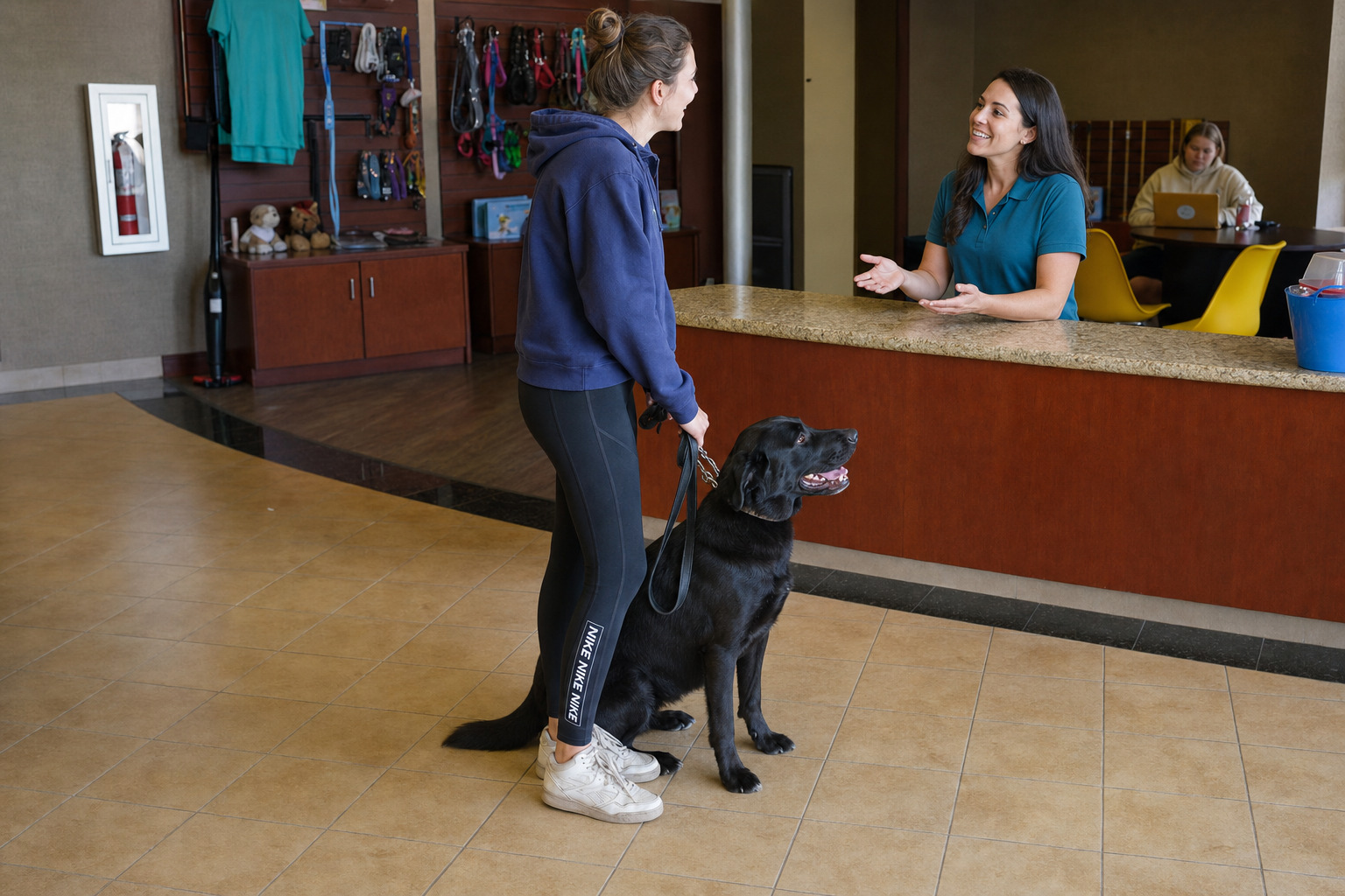 Smiling Partners Dogs staff member greeting a pet parent and her relaxed adult black Labrador at the bright Scottsdale front-desk reception counter