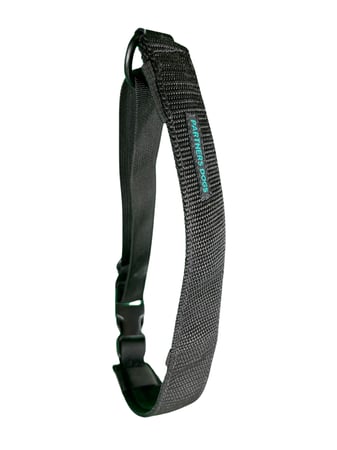 A black woven Partners Dogs branded dog collar with a D-ring and buckle, shown against a white background, representing training gear used correctly rather than as a punishment device.