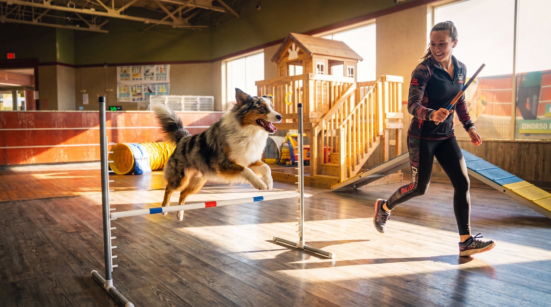 Australian Shepherd clearing an agility jump with a Partners Dogs trainer, an activity add-on available during a boarding stay.