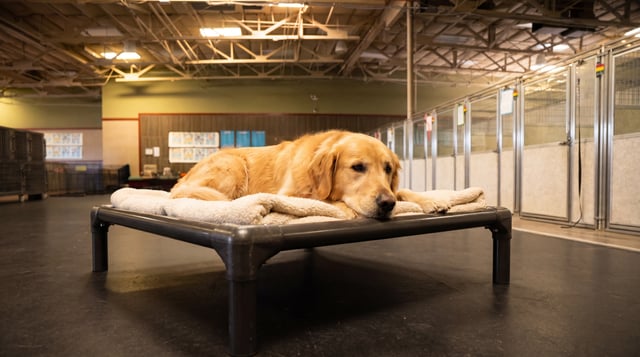 Golden retriever lying calmly with its chin resting on a folded blanket atop a raised bed inside an indoor boarding facility, kennel doors visible in the background.