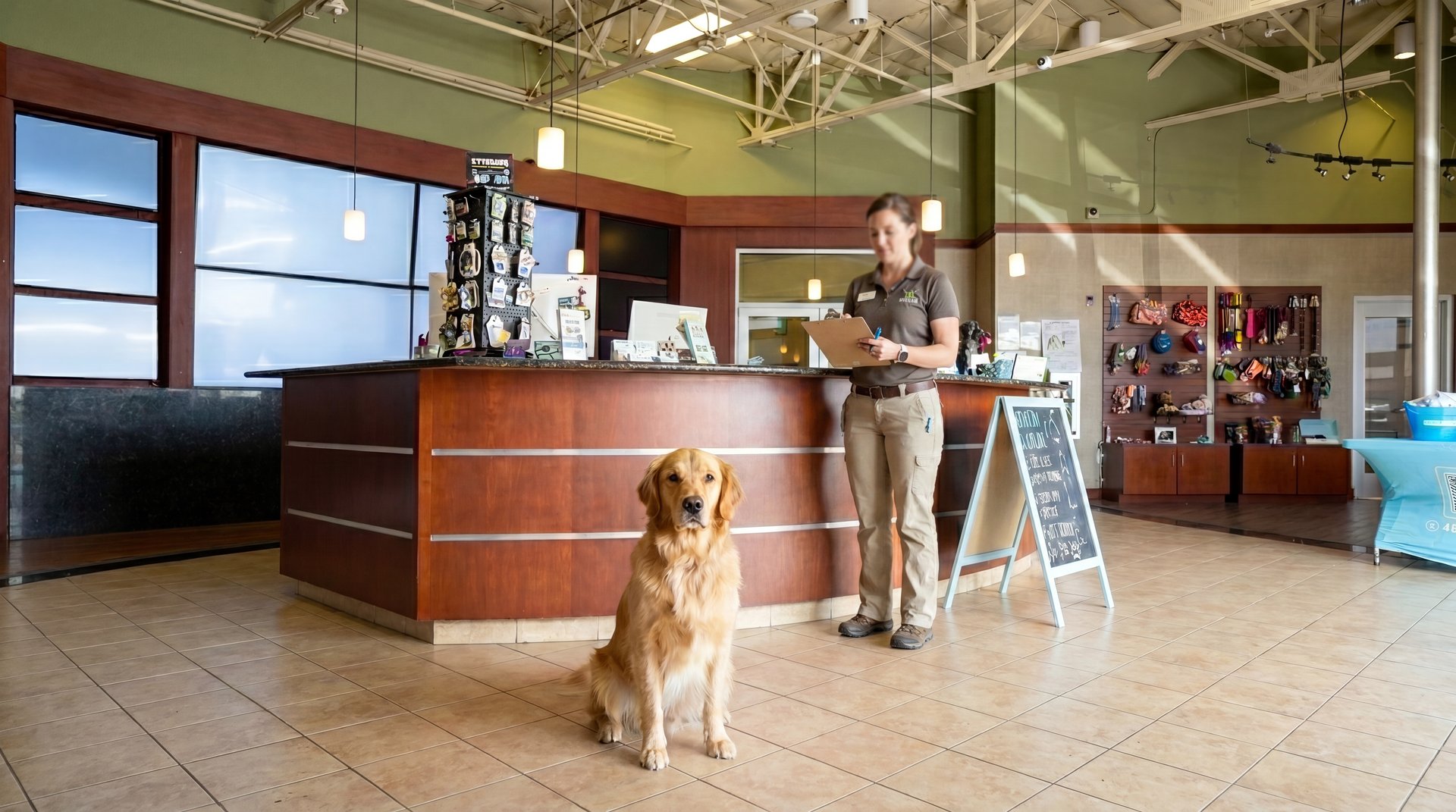 A golden retriever sits calmly on the lobby floor while a Partners Dogs staff member behind the front desk reviews an intake clipboard, deciding whether the dog is ready for DayCamp or needs the individualized structure of DaySchool.