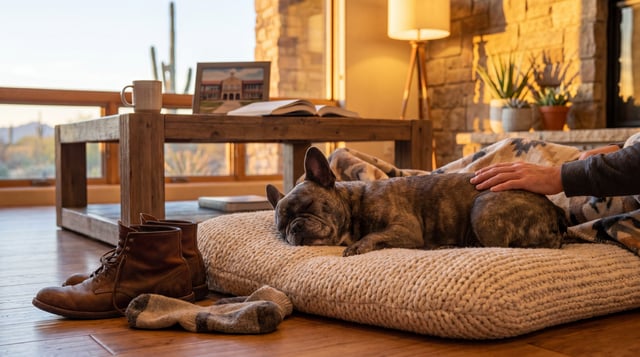 An adult brindle French Bulldog sleeps peacefully on a cozy knitted dog bed on the floor of a sunlit living room while a person's hand rests gently on its side.