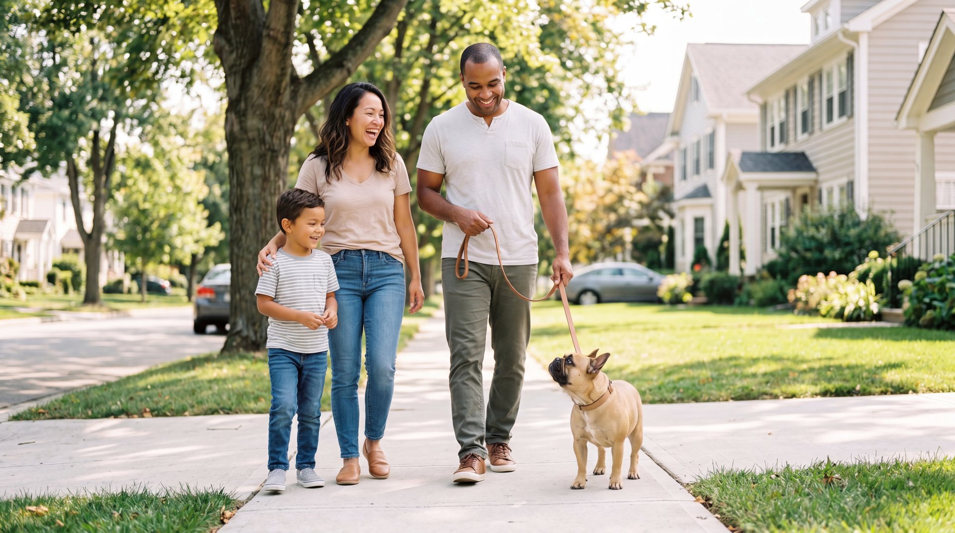 A woman, a man, and a young boy walk a leashed adult fawn French Bulldog together on a sunny, tree-lined suburban sidewalk.
