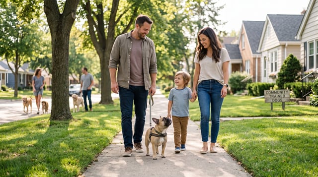 A father, mother, and young son walk a leashed adult French Bulldog together on a sunny neighborhood sidewalk, all three smiling and calm.