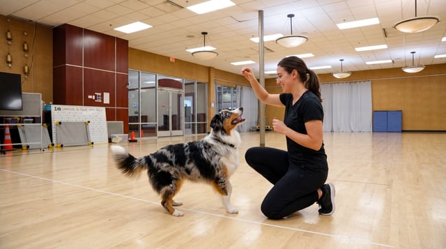 A trainer kneels on the floor of a bright indoor training room, smiling and offering a treat to an attentive adult merle Australian Shepherd standing calmly in front of her.