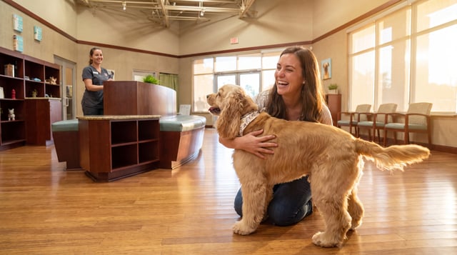 A golden Cocker Spaniel playfully interacts with a laughing woman kneeling on the floor of a bright pet facility reception area, while another smiling woman stands behind a reception desk.
