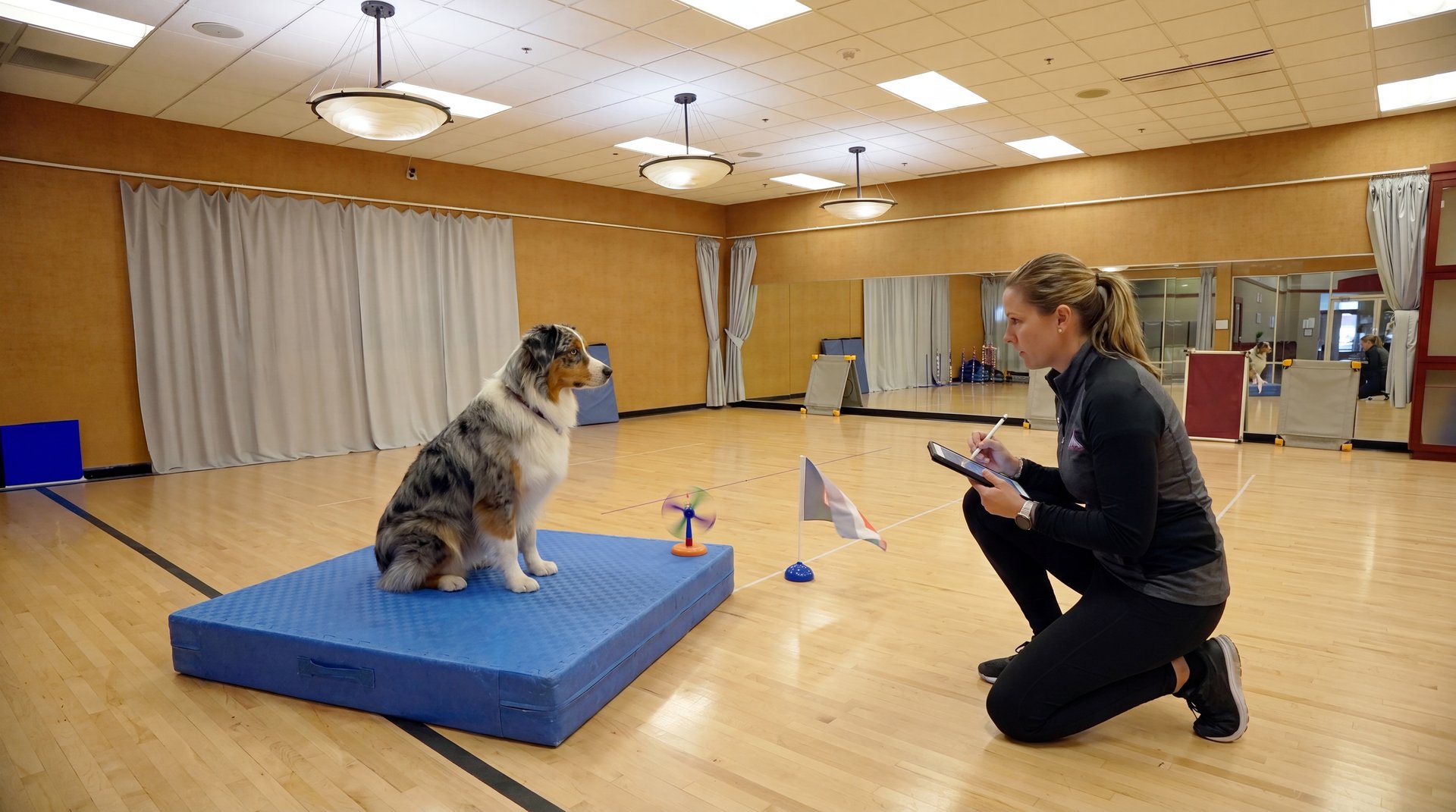 A Partners Dogs trainer kneels with a tablet, observing an adult blue merle Australian Shepherd sitting calmly on a mat during a PD360 dog behavior assessment on the training floor.