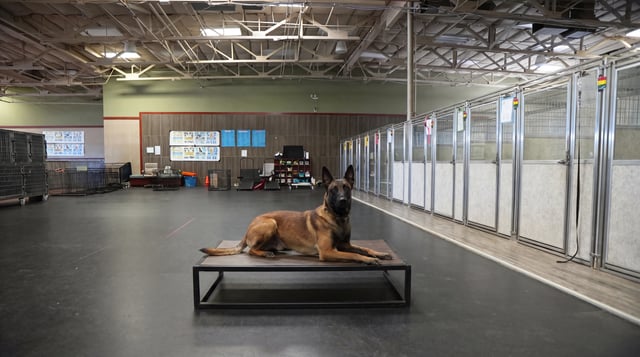 An adult Belgian Malinois lies calmly on an elevated platform inside an indoor training and boarding facility, with a row of kennel doors visible behind it.