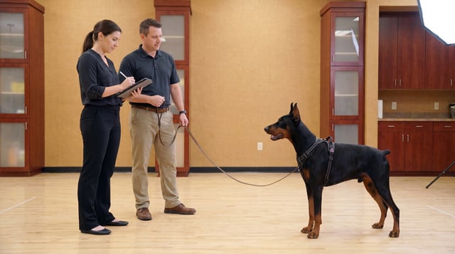 A trainer holds the leash of an alert Doberman Pinscher in a harness while a colleague takes notes on a tablet during an indoor training session.