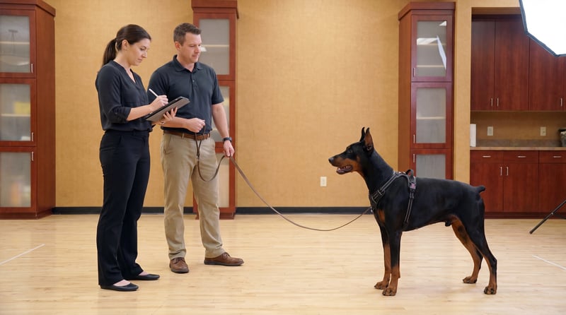A trainer holds the leash of an alert Doberman Pinscher in a harness while a colleague takes notes on a tablet during an indoor training session.