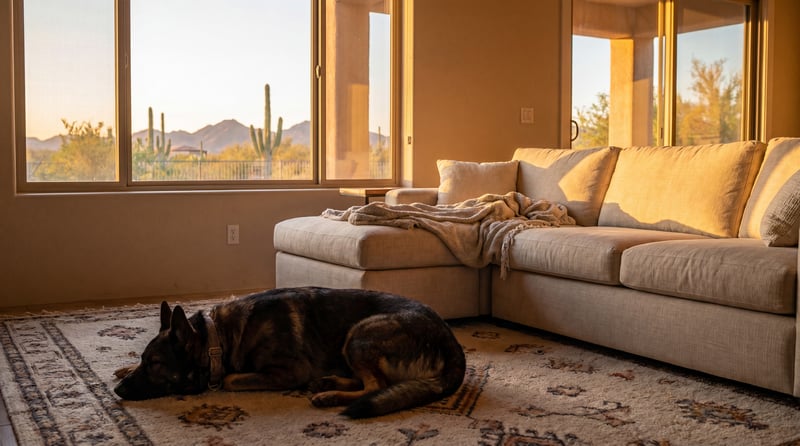A sable German Shepherd resting calmly on a patterned rug in a sunlit Arizona living room.