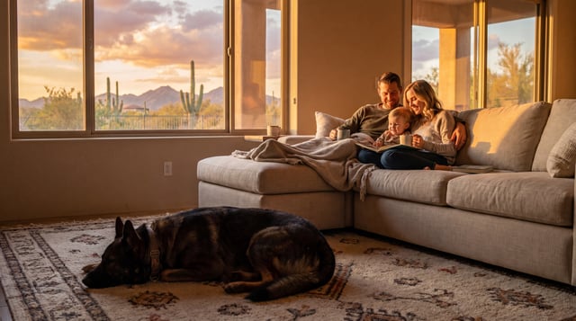A man, a woman, and a baby share a book on a couch at golden hour while a calm adult German Shepherd rests on a rug nearby, with desert mountains and a sunset sky visible through the windows.