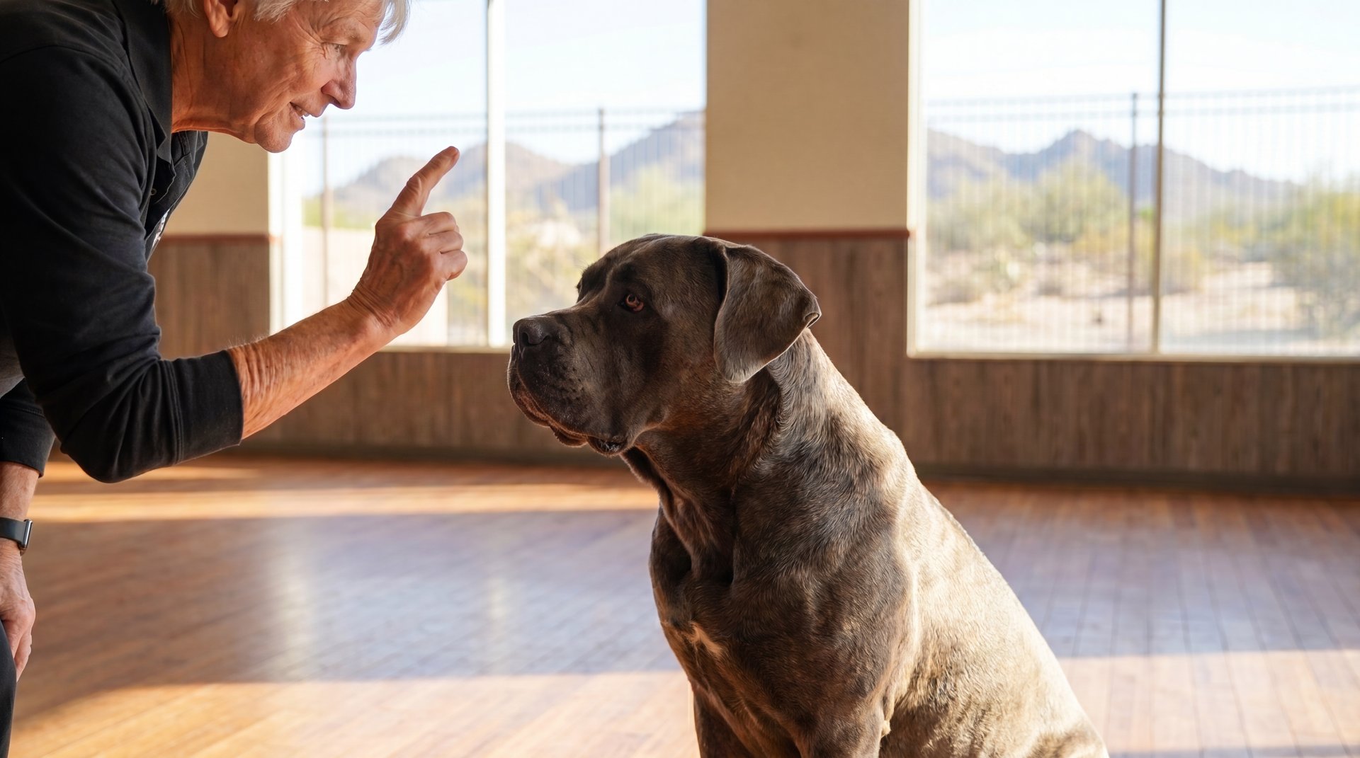 An older trainer leans in with a raised hand signal while a seated brindle Cane Corso watches intently inside a Partners Dogs training room, desert mountains visible through the windows behind them.
