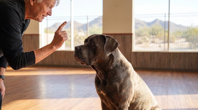 An older trainer leans in with a raised hand signal while a seated brindle Cane Corso watches intently inside a Partners Dogs training room, desert mountains visible through the windows behind them.