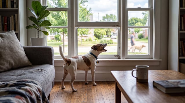 White and tan terrier-mix dog barking at a living room window while a man walks a yellow Labrador on the sidewalk outside.
