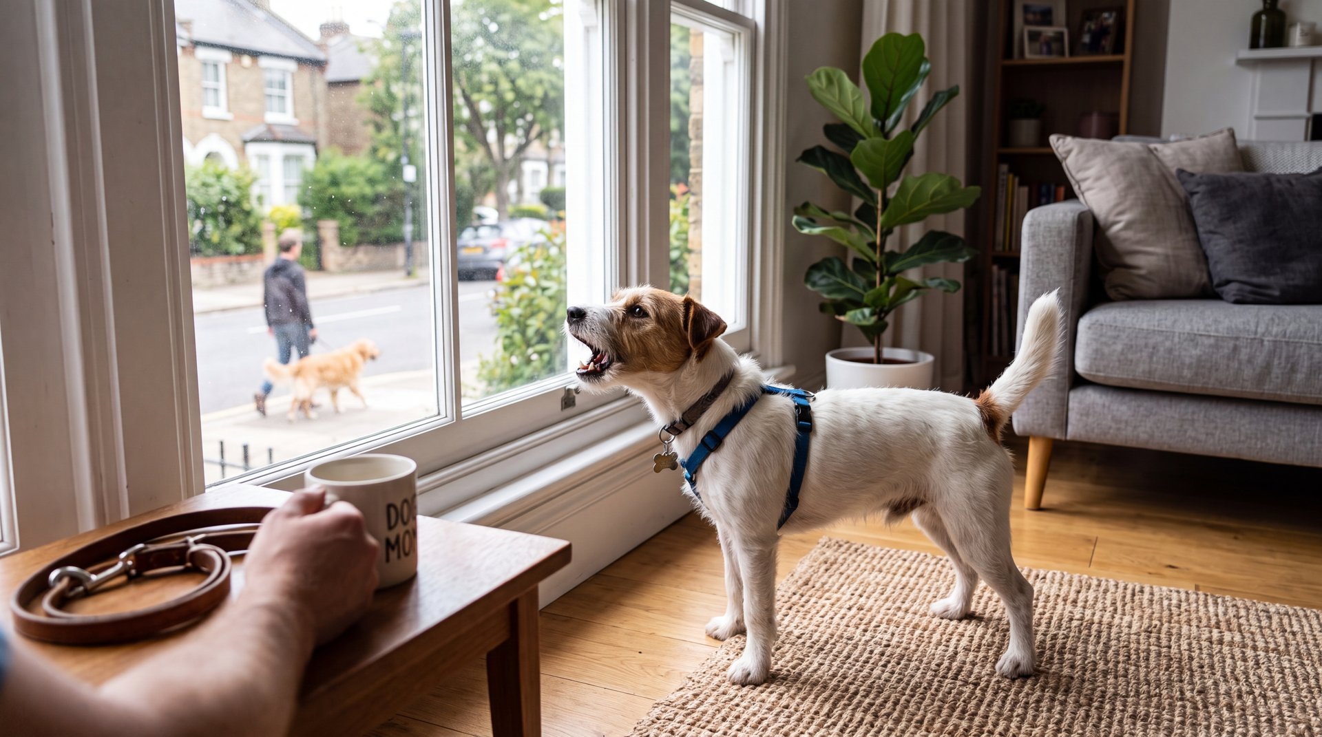 White and tan Jack Russell Terrier barking through a living room window at a passerby walking a golden retriever outside, with the owner's hand and a coffee mug on a nearby table.