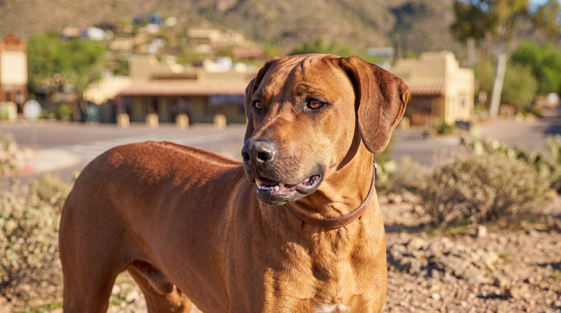 An adult Rhodesian Ridgeback stands alert outdoors in a sunlit Arizona desert neighborhood, the kind of scene where timing a summer walk right makes all the difference.