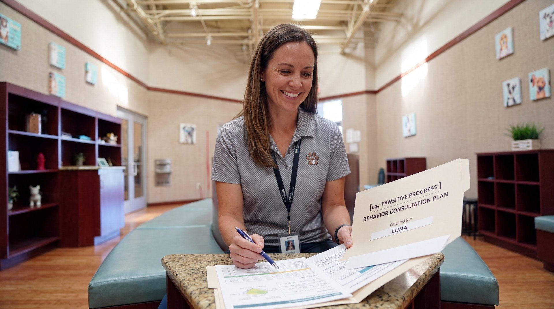 A Partners Dogs staff member reviews a written behavior consultation plan at a table, the kind of structured assessment that distinguishes a behavior specialist from a general obedience trainer.