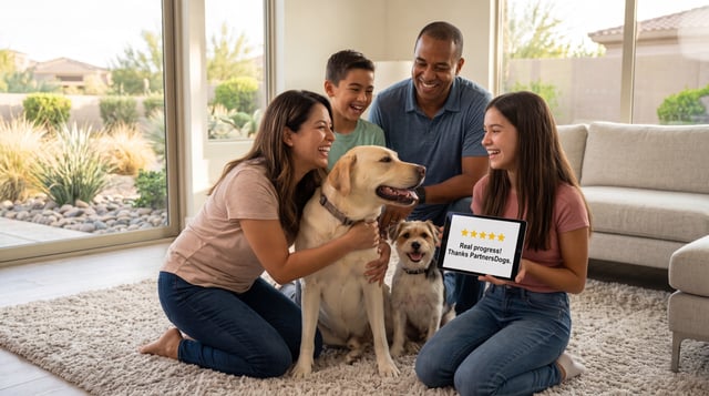 Family with kids kneeling calmly beside their adult Labrador and terrier-mix dogs at home, modeling gentle handling around children