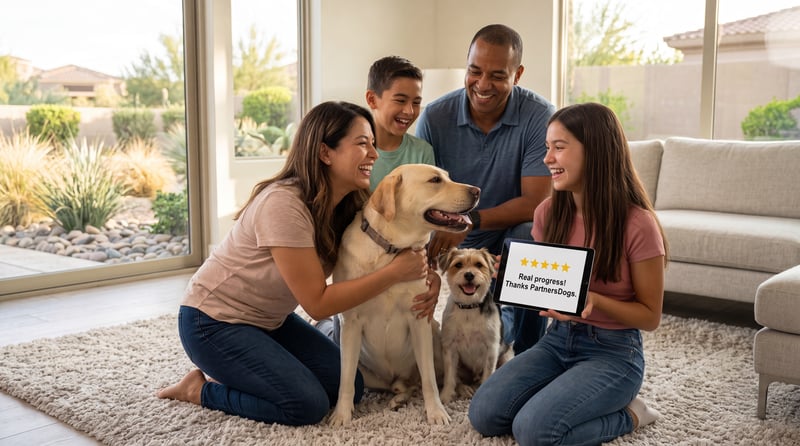 Family with kids kneeling calmly beside their adult Labrador and terrier-mix dogs at home, modeling gentle handling around children