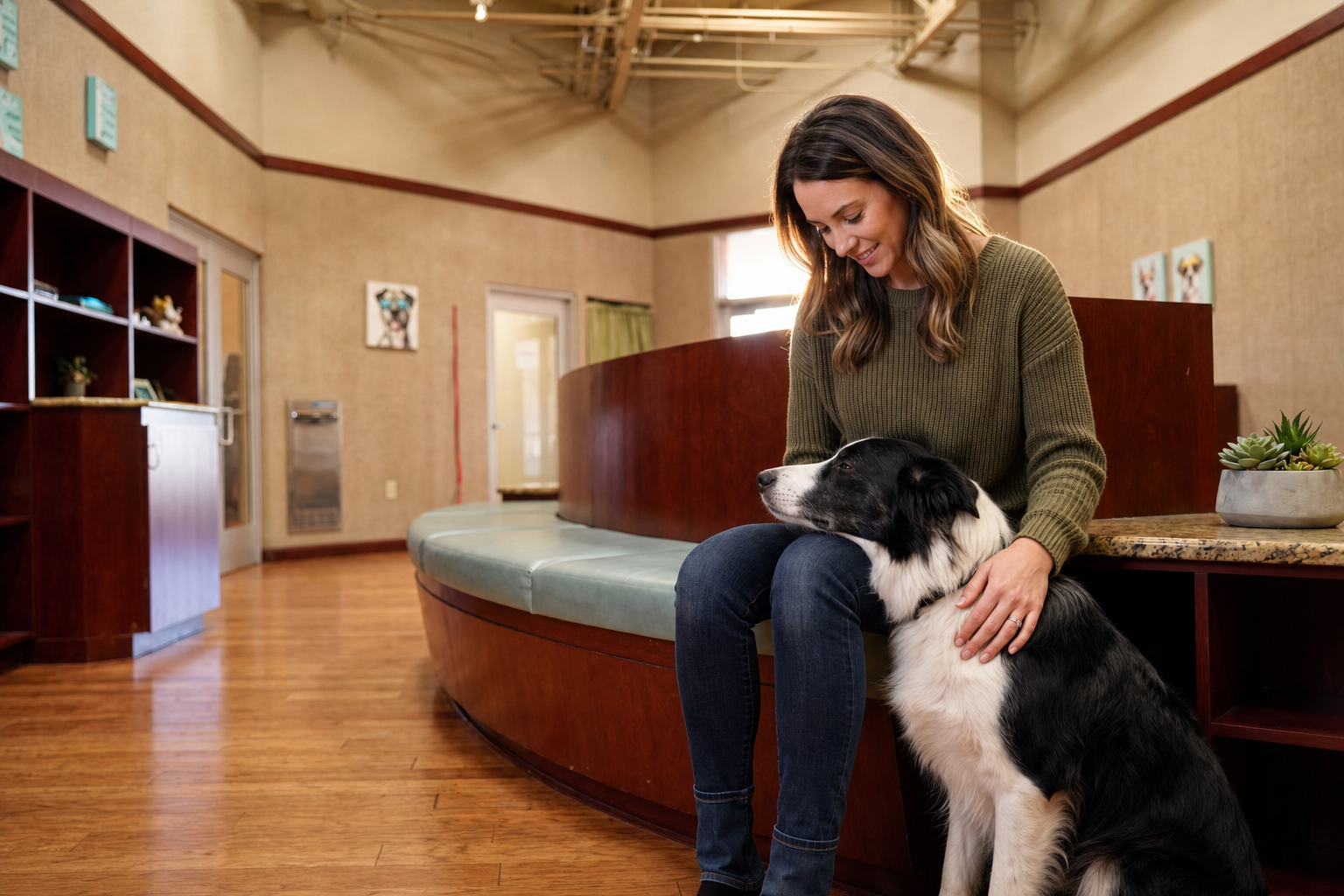 A woman sits on a curved wood bench in a training facility waiting area while her black-and-white Border Collie leans warmly against her, her hand resting gently on the dogs back, soft window light