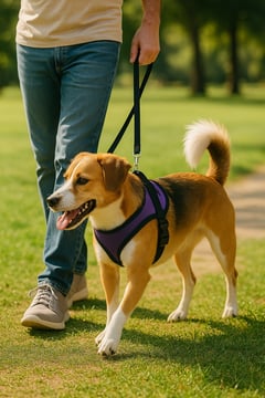 A tan-and-white hound-mix dog pulls ahead on a taut leash clipped to a purple no-pull harness, the front-and-back attachment points designed to stop exactly this kind of pulling on walks.