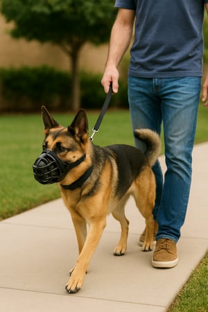 A man in a blue t-shirt and jeans walks a black and tan German Shepherd wearing a black basket-style Baskerville Ultra muzzle and leash on an outdoor concrete sidewalk, green grass and a blurred tree behind them.