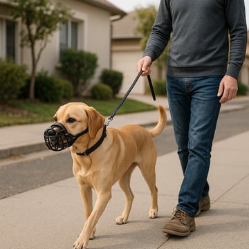 Adult tan Labrador Retriever wearing a basket muzzle and leash, walking calmly beside its owner on a residential sidewalk.