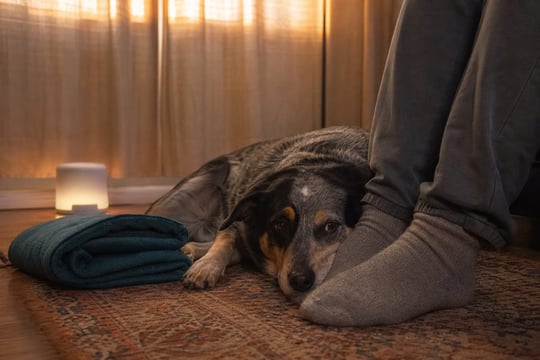 A calm dog rests on a blanket in a dim, quiet room during a fireworks safe-space setup.