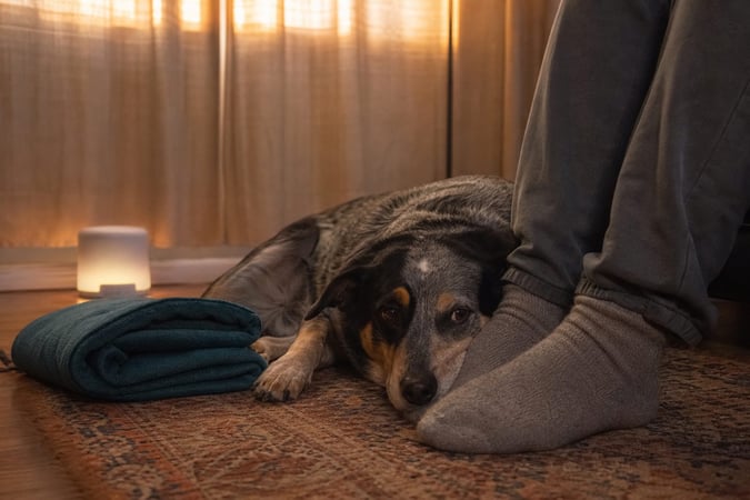 Australian Cattle Dog resting by a person's feet near a small nightlight and a folded blanket indoors.