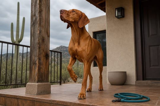 A Vizsla lifts its nose to catch a scent on a desert porch with a saguaro in the background.