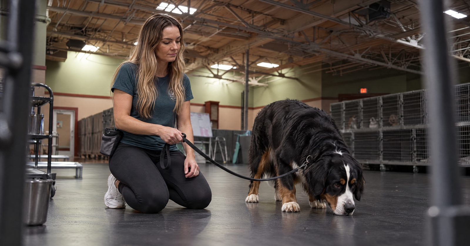 Taylor reading a newly adopted Bernese Mountain Dog's body language during a first visit assessment