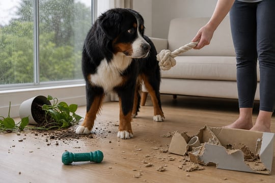 A dog stands near scattered holiday decor while a handler redirects it with a toy.