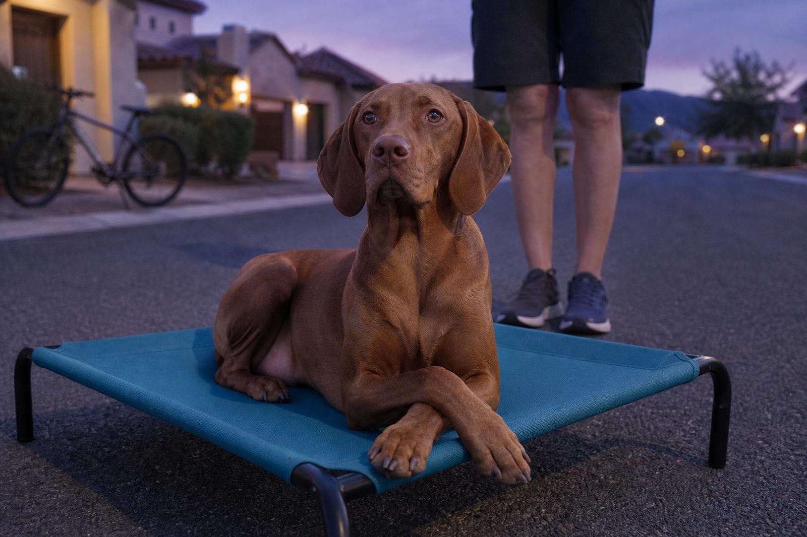 A Vizsla rests calmly on a raised cot in a quiet neighborhood at dusk.