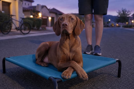 A Vizsla rests calmly on a raised cot in a quiet neighborhood at dusk.