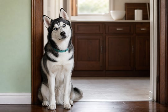 A Husky sits attentively in a sunlit kitchen doorway with ears perked up.