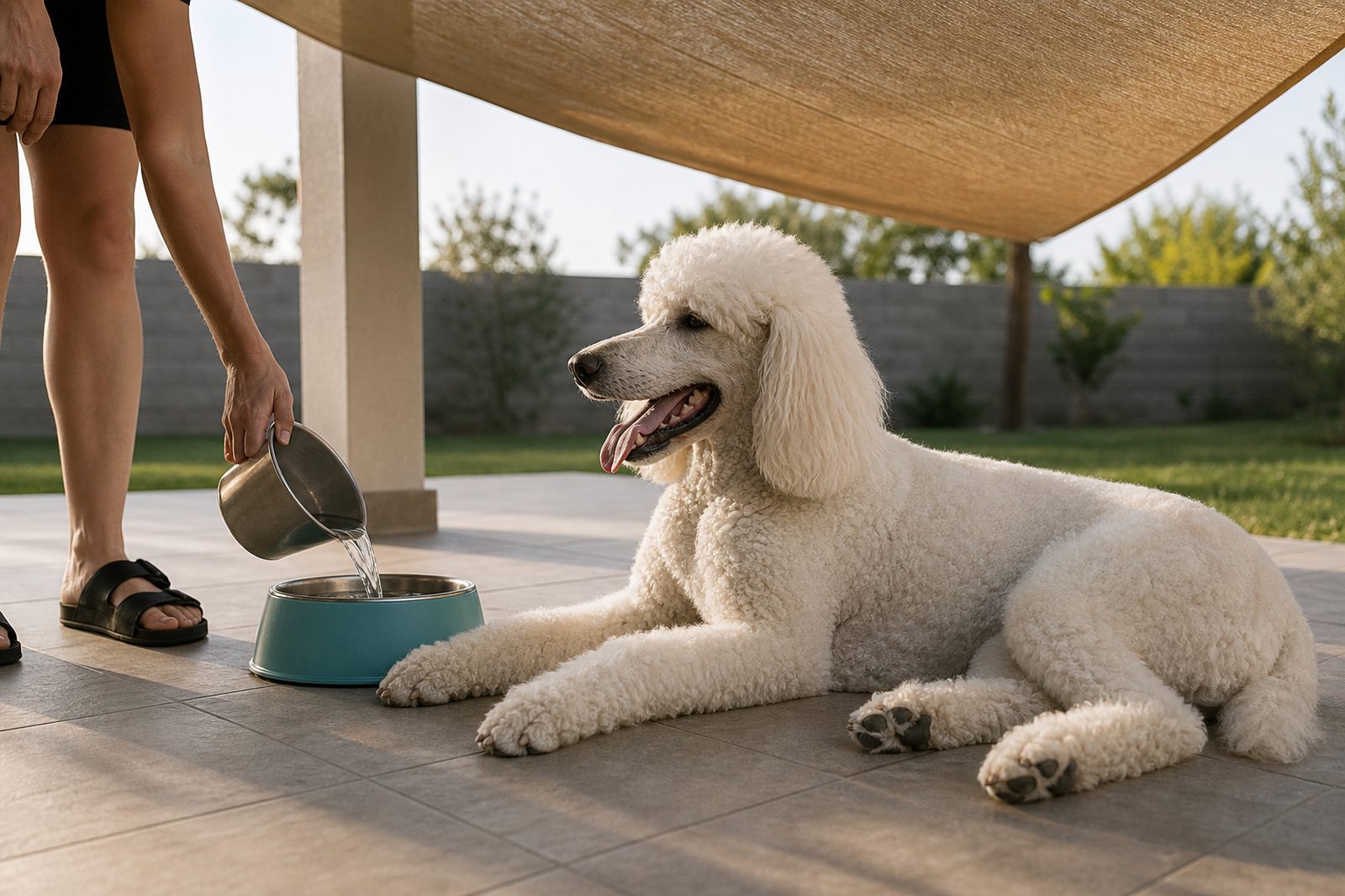 A Standard Poodle rests in patio shade beside a water bowl on a hot day.