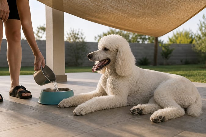 A Standard Poodle rests in patio shade beside a water bowl on a hot day.