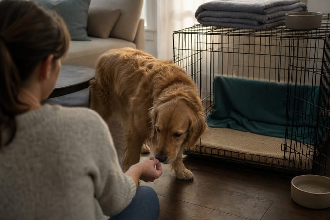 A Golden Retriever explores an open crate in a living room ahead of holiday guests.