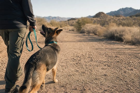 A German Shepherd heels beside its handler on a desert trail on a bright morning.