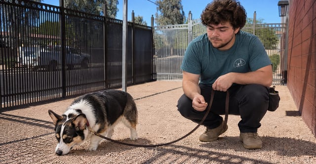 Kaiden coaching an adult Pembroke Welsh Corgi through a potty training reboot at the Scottsdale campus