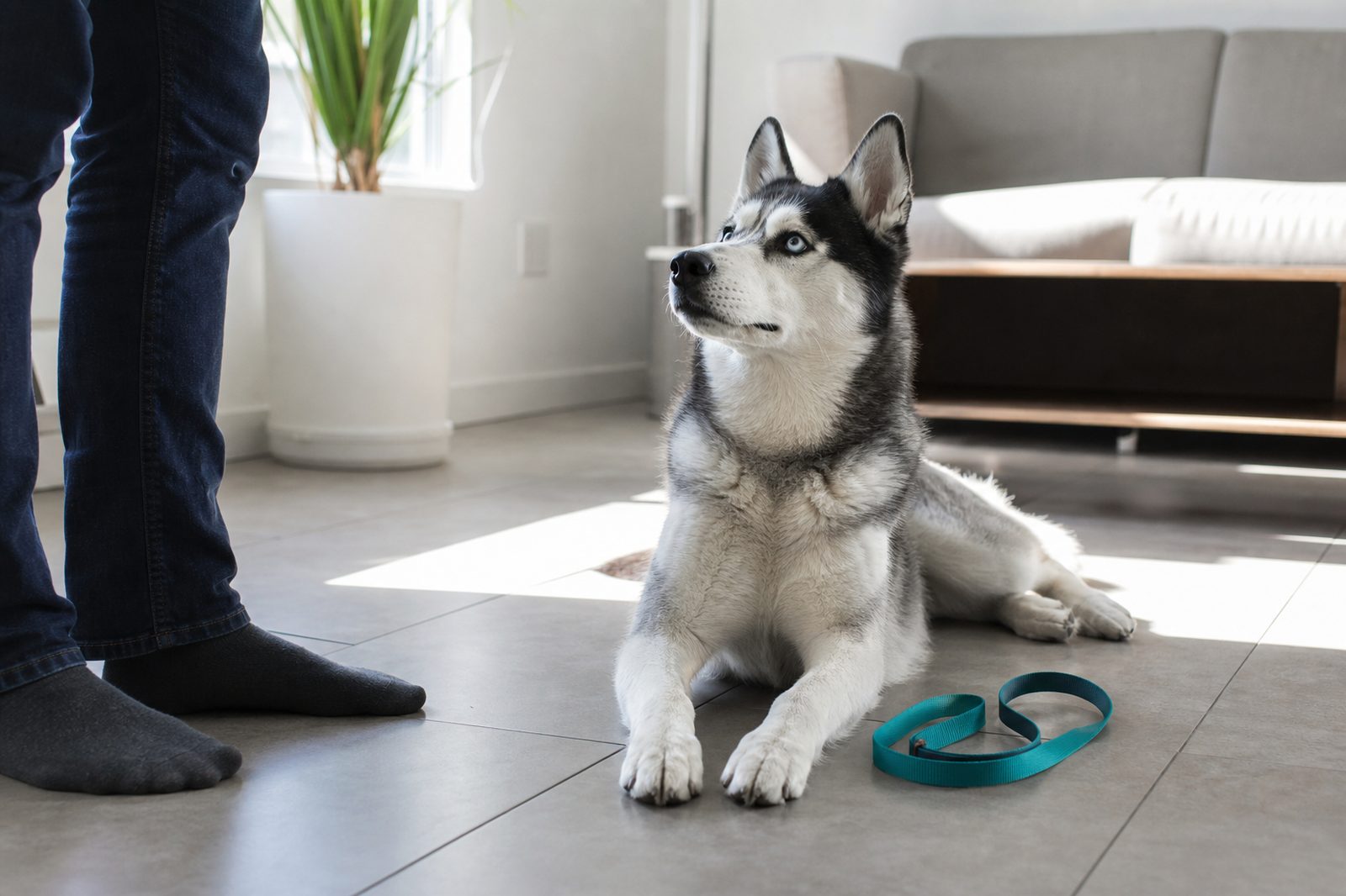 A Husky holds a down-stay on a tiled living room floor during a home training session.