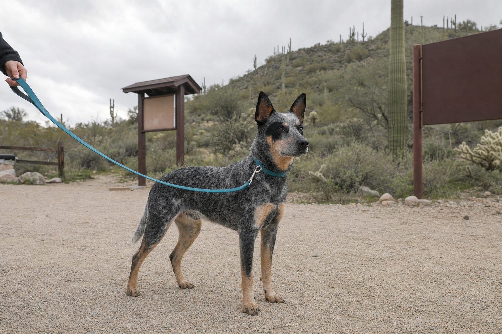 Leashed Australian cattle dog at a Sonoran Desert preserve trailhead