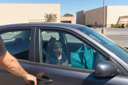 Adult Doberman Pinscher panting inside a parked car in a hot Scottsdale parking lot